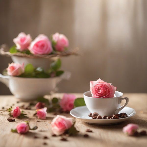 Note di cuore: Boccioli Di Rosa Francese, Chicchi Di Caffè Tostati, Legni