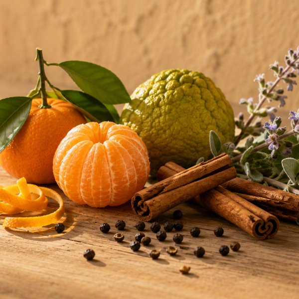 Note di testa: Bergamotto, Cannella, Mandarino, Pepe Nero, Salvia Sclarea